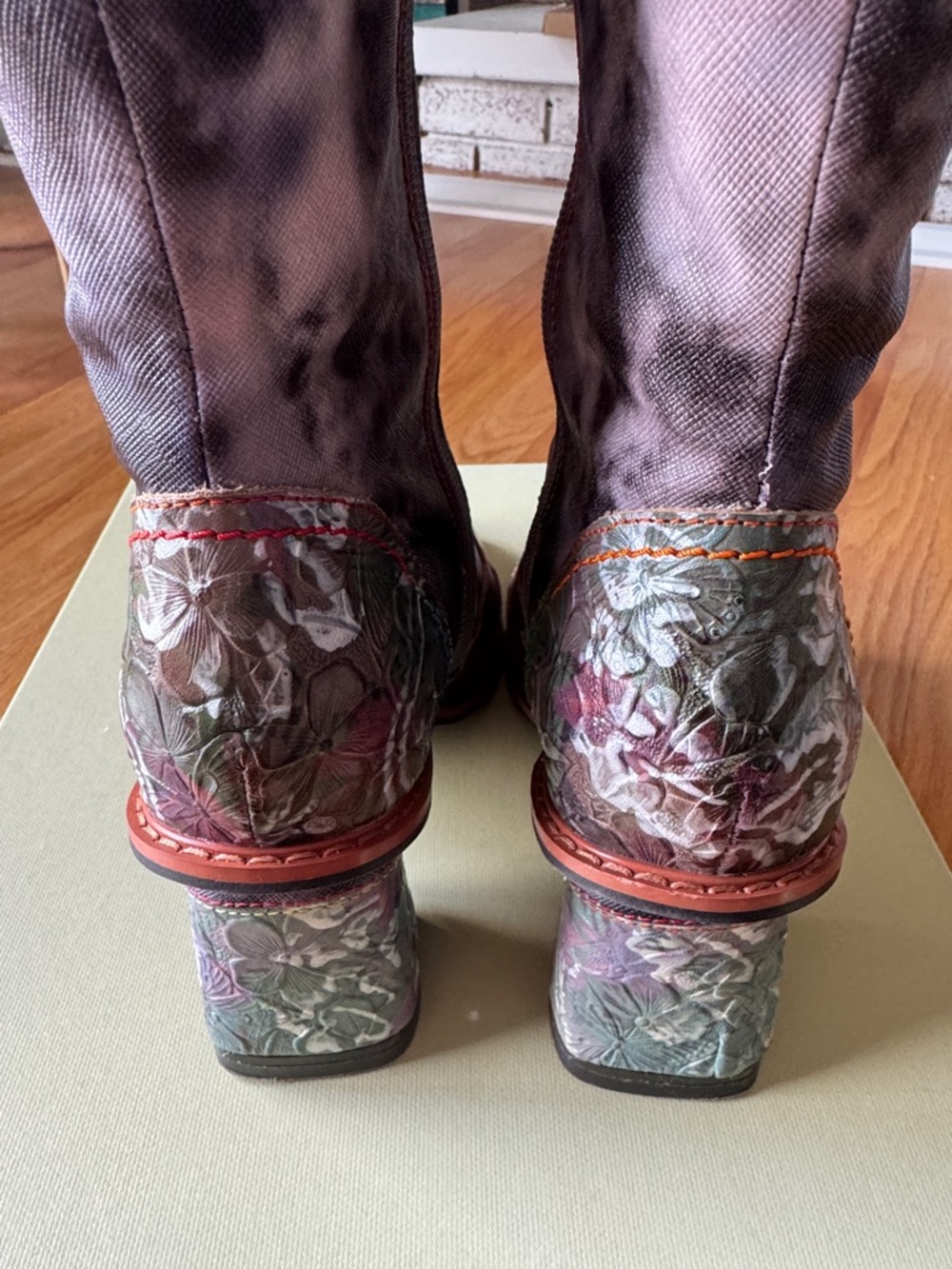 L'Artiste Women's Floral Lace-Up Ankle Boots in Burgundy and Green - Picture 5 of 8